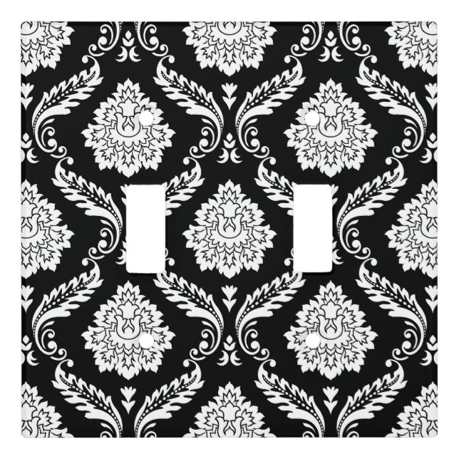 Rococo Damask Pattern White on Black Light Switch Cover (Front)