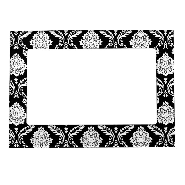 Rococo Damask Pattern White on Black Magnetic Frame (Front)