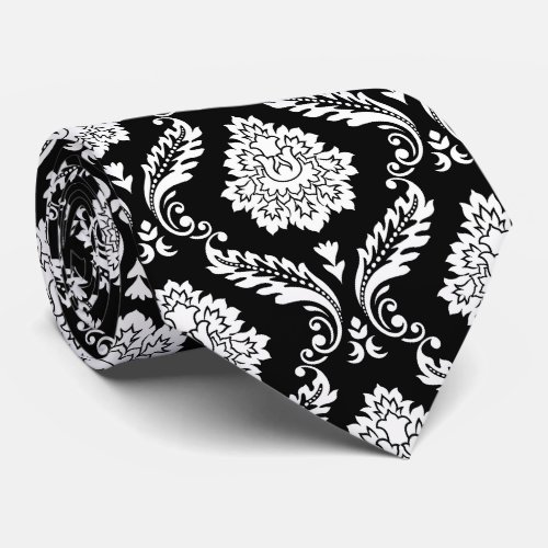 Rococo Damask Pattern White on Black Neck Tie