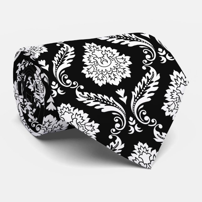 Rococo Damask Pattern White on Black Neck Tie (Rolled)
