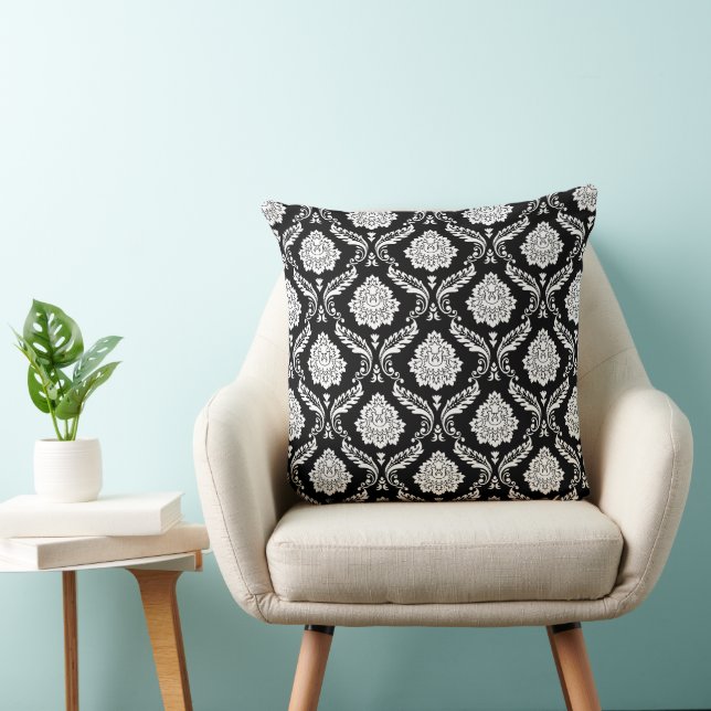 Rococo Damask Pattern White on Black Throw Pillow (Chair)