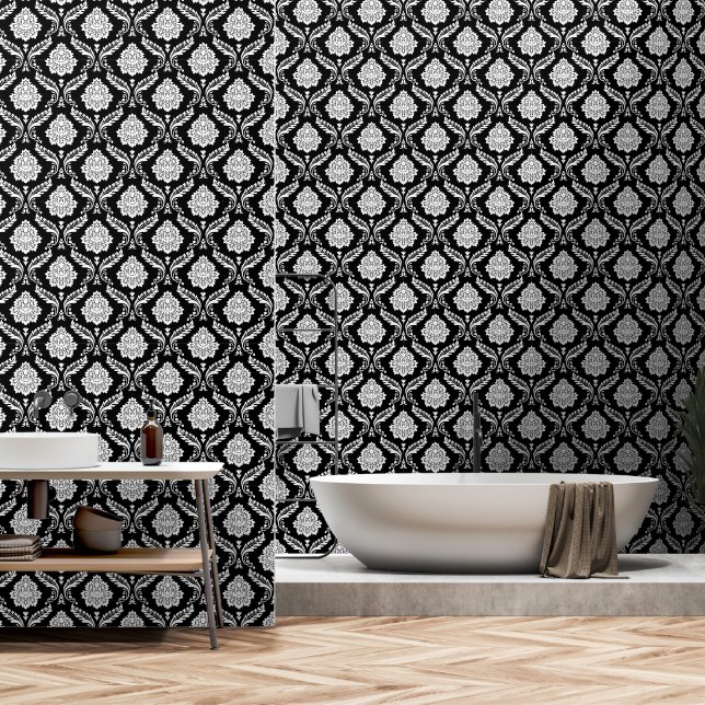 Rococo Damask Pattern White on Black Wallpaper (Bathroom)