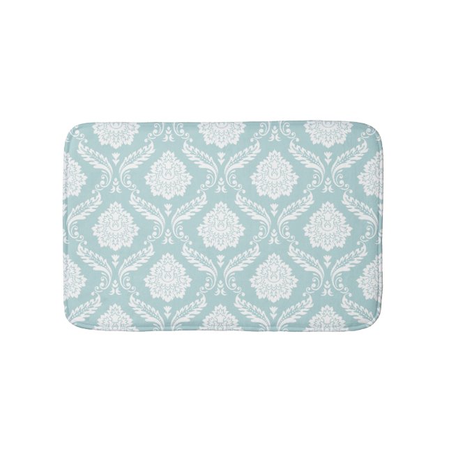 Rococo Damask Pattern White on Duck Egg Blue Bath Mat (Front)