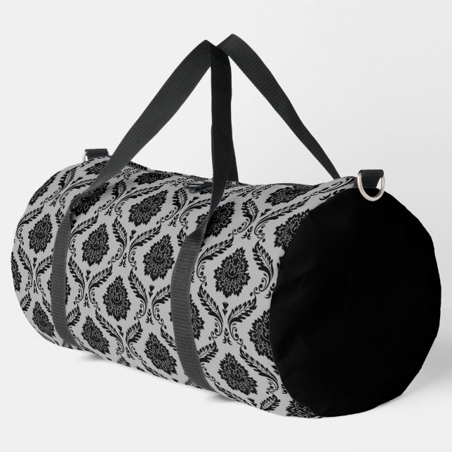 Rococo Damask Rpt Pattern Black on Gray Duffle Bag (Left Corner)