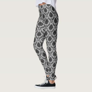 Rococo Damask Rpt Pattern Black on Gray Leggings