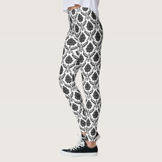 Rococo Damask Rpt Pattern Black on White Leggings (Left)