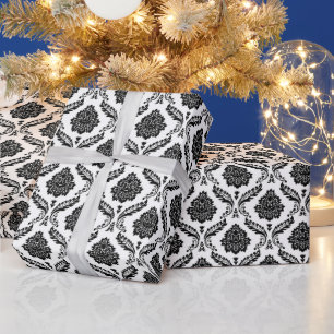 Rococo Damask Rpt Pattern Black on White Wrapping Paper