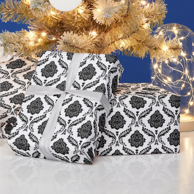 Rococo Damask Rpt Pattern Black on White Wrapping Paper (Holidays)