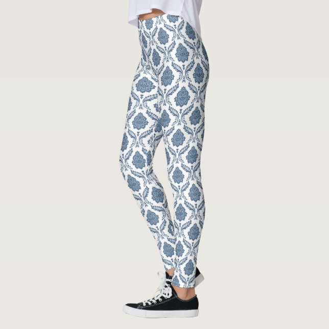 Rococo Damask Rpt Pattern Blue on White Leggings (Left)