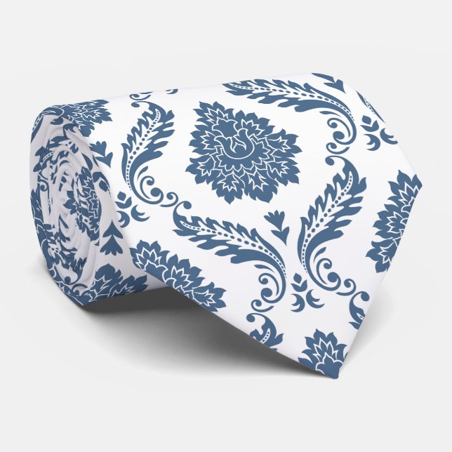 Rococo Damask Rpt Pattern Blue on White Neck Tie (Rolled)