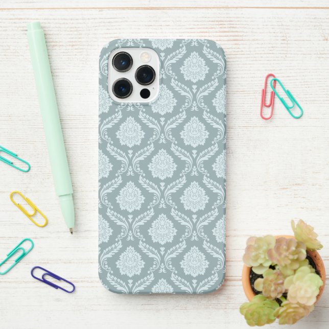 Rococo Damask Rpt Pattern Duck Egg Blue+Teal iPhone Case (On Desk)