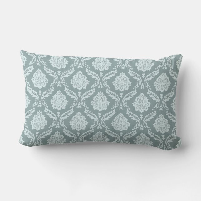 Rococo Damask Rpt Pattern Duck Egg Blue+Teal Lumbar Pillow (Back)