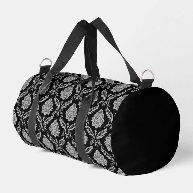 Rococo Damask Rpt Pattern Gray on Black Duffle Bag (Left Corner)