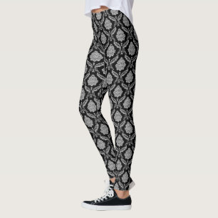 Rococo Damask Rpt Pattern Gray on Black Leggings