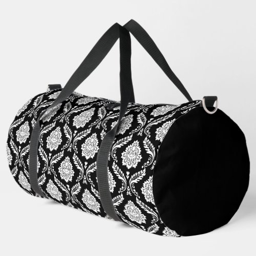Rococo Damask Rpt Pattern White on Black Duffle Bag