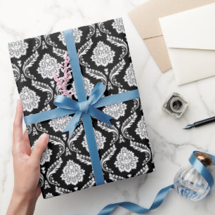 Rococo Damask Rpt Pattern White on Black Wrapping Paper