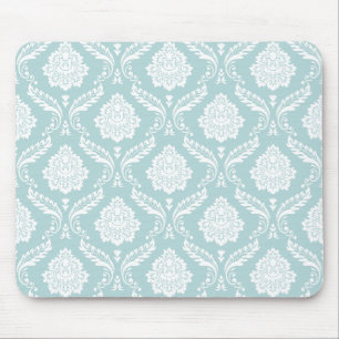Rococo Damask Rpt Pattern White on Duck Egg Blue Mouse Pad