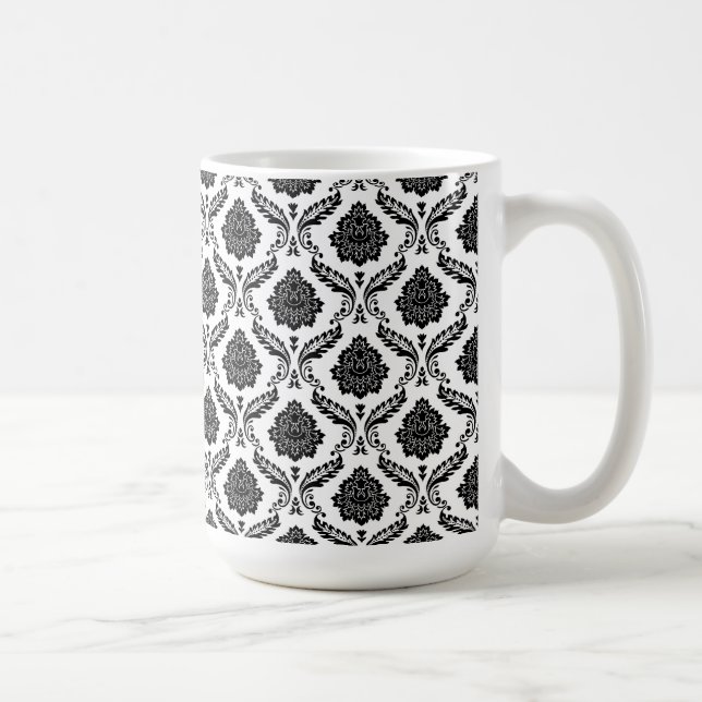 Rococo Damask Sml Pattern Black on White Coffee Mug (Right)