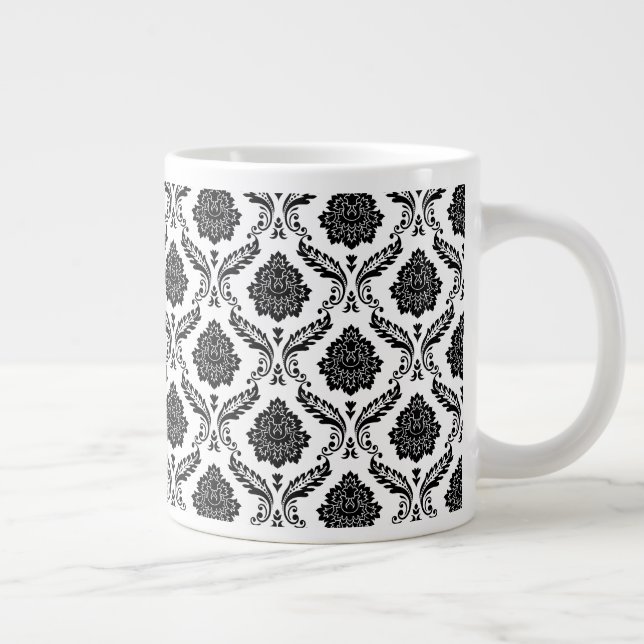 Rococo Damask Sml Pattern Black on White Giant Coffee Mug (Right)