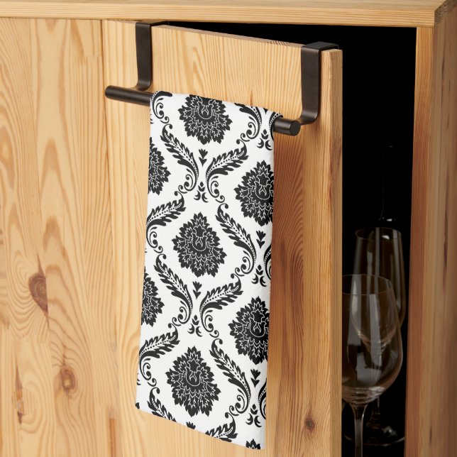 Rococo Damask Sml Pattern Black on White Kitchen Towel (Thirds Fold)