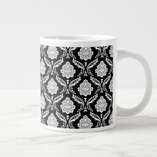 Rococo Damask Sml Pattern White on Black Giant Coffee Mug (Right)