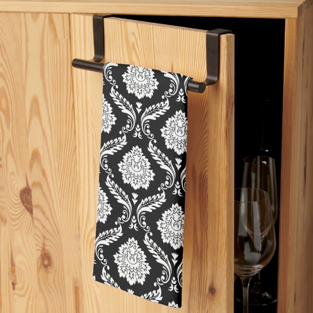 Rococo Damask Sml Pattern White on Black Kitchen Towel (Thirds Fold)