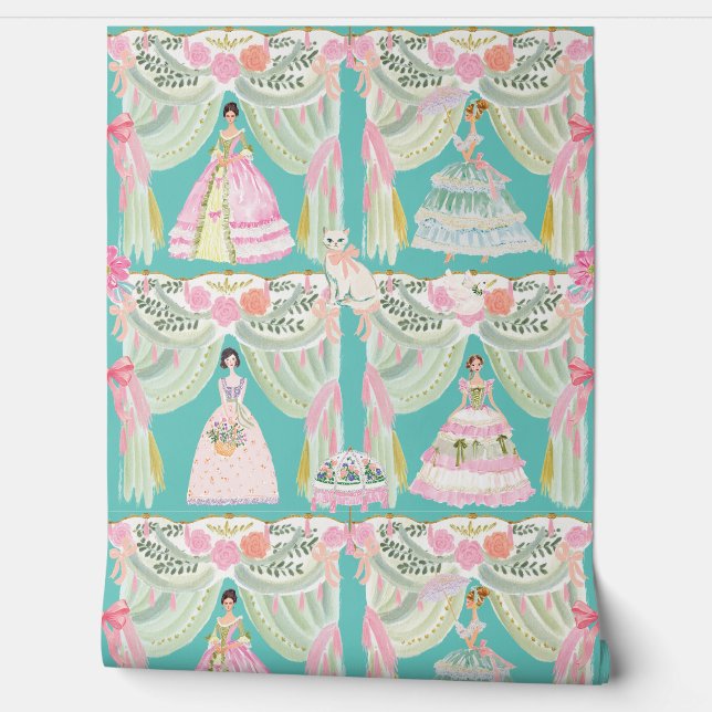 Rococo Drapery Ladies Pastel Marie Antoinette Wallpaper (Unrolling)