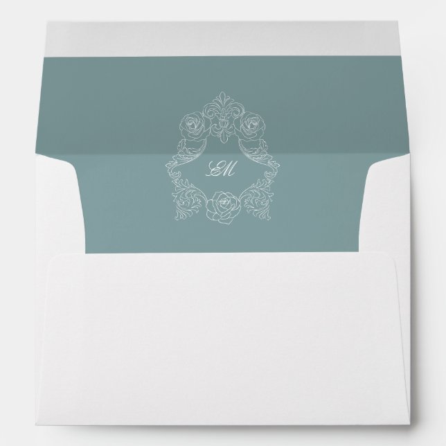 Rococo Dusty Blue Pre-Addressed Wedding Invitation Envelope (Back (Bottom))