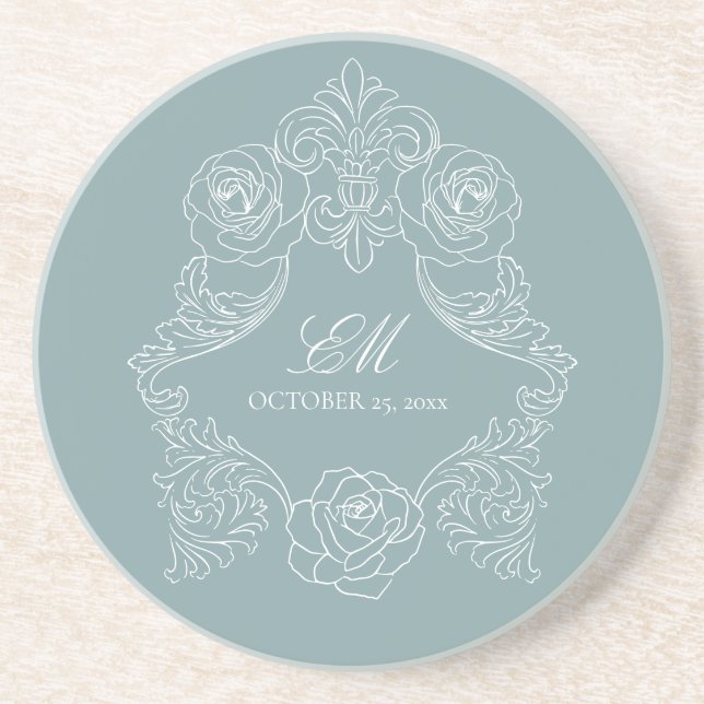 Rococo Dusty Blue Wedding Logo Crest Coaster (Front)