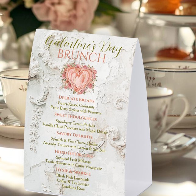 Rococo Floral Heart Galentine Brunch Tea Menu Paper Table Tent (Creator Uploaded)