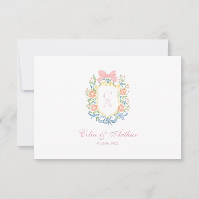 Rococo Floral Monogram Crest Wedding Thank You Card (Front)