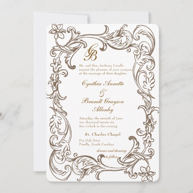 Rococo Florentine Monochrome Monogram Invitation (Front)