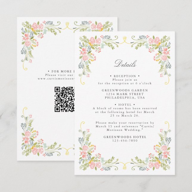 Rococo Garden Ornate Floral Wedding QR Details Enclosure Card (Front/Back)