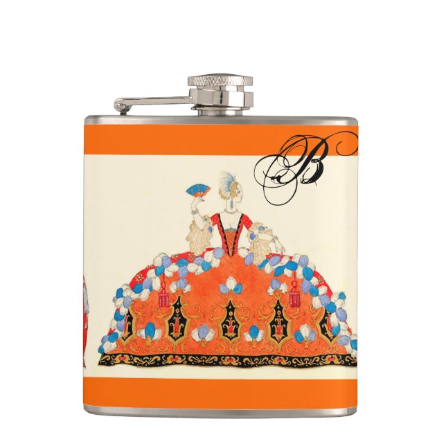 ROCOCO LADY ART DECO FASHION COSTUME MONOGRAM FLASK (Front)