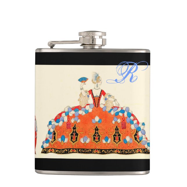 ROCOCO LADY ART DECO FASHION COSTUME MONOGRAM HIP FLASK (Front)