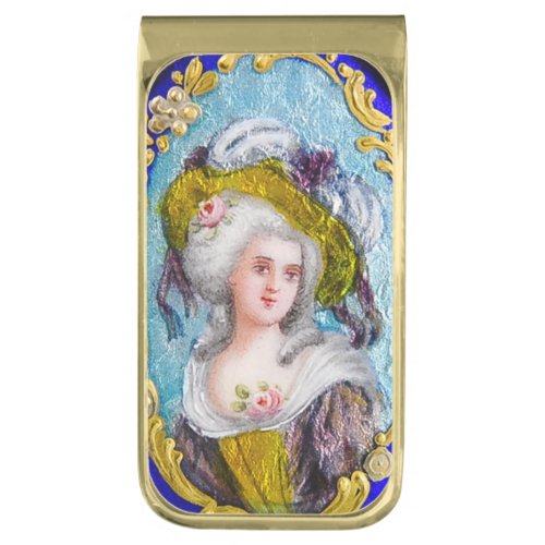 ROCOCO LADY WITH PINK ROSES GOLD FINISH MONEY CLIP
