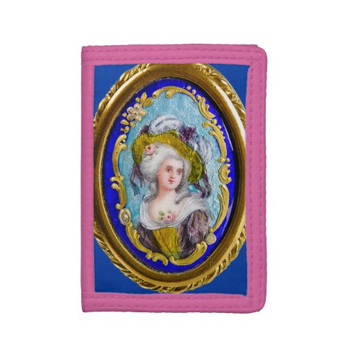 ROCOCO LADY WITH PINK ROSES Gold Yellow Blue Trifold Wallet