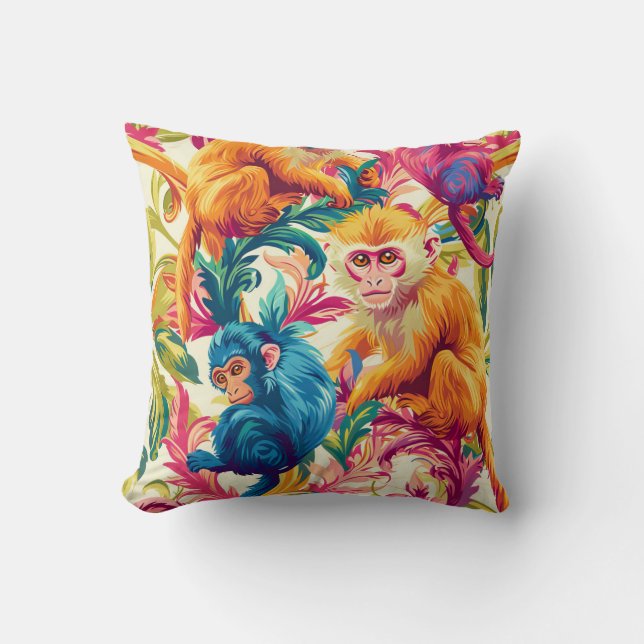 Rococo Monkey Pattern Throw Pillow (Front)