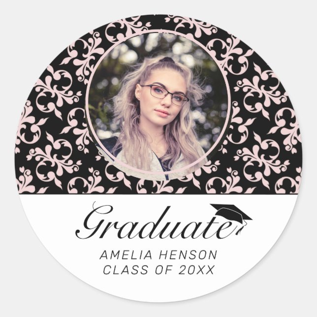 Rococo Pink Black Graduate Photo Graduation    Classic Round Sticker (Front)