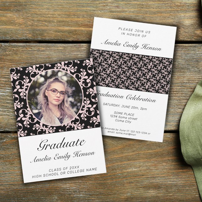 Rococo Pink Black Graduate Photo Graduation Invitation (Creator Uploaded)