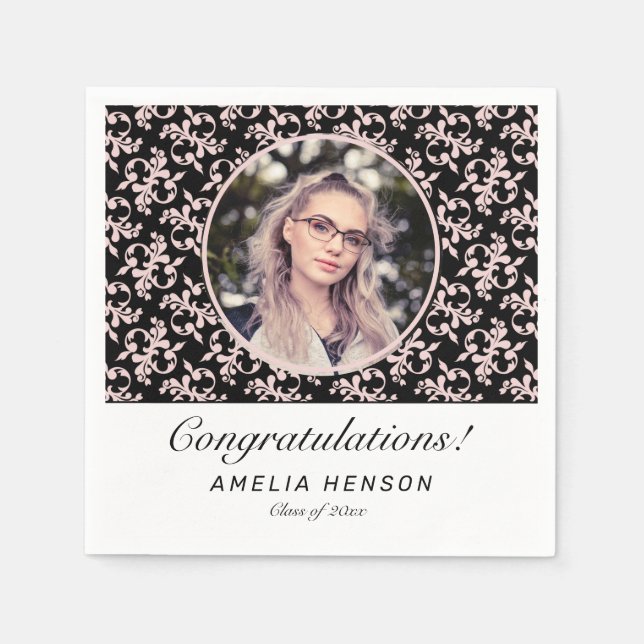 Rococo Pink Black Graduate Photo Graduation Napkins (Front)