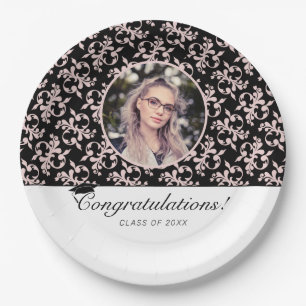 Rococo Pink Black Graduate Photo Graduation Paper Plates