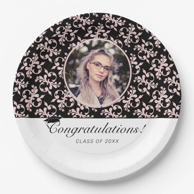 Rococo Pink Black Graduate Photo Graduation  Paper Plates (Front)