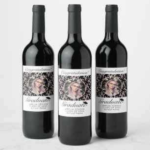 Rococo Pink Black Graduate Photo Graduation Wine Label