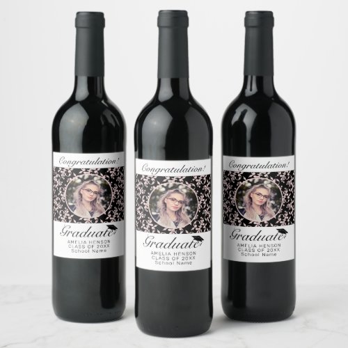 Rococo Pink Black Graduate Photo Graduation    Wine Label