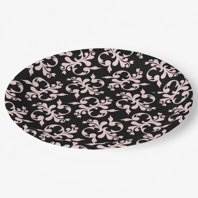 Rococo Pink Black Ornament Pattern  Paper Plates (Angled)