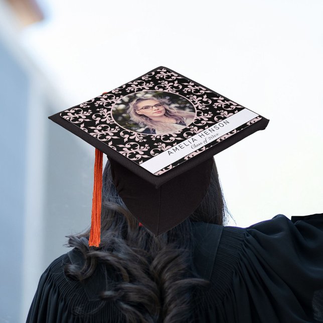 Rococo Pink Black Pattern Photo Name Class of Graduation Cap Topper (Creator Uploaded)