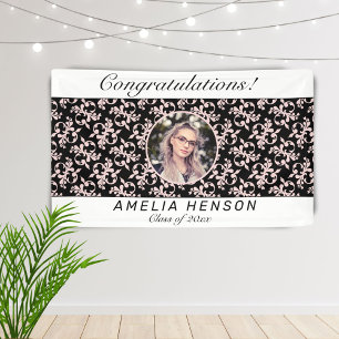 Rococo Pink Black Photo Name Class of Graduation   Banner