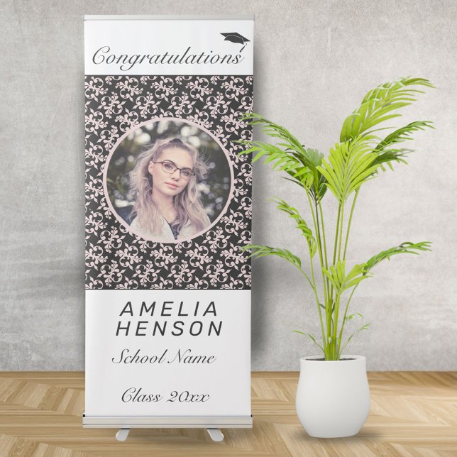 Rococo Pink Black Photo Name Class of Graduation   Retractable Banner (Creator Uploaded)