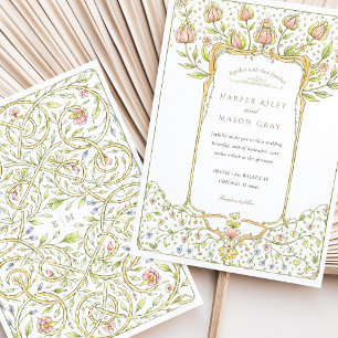 Rococo Pink Bud Floral Nouveau Wedding Invitation